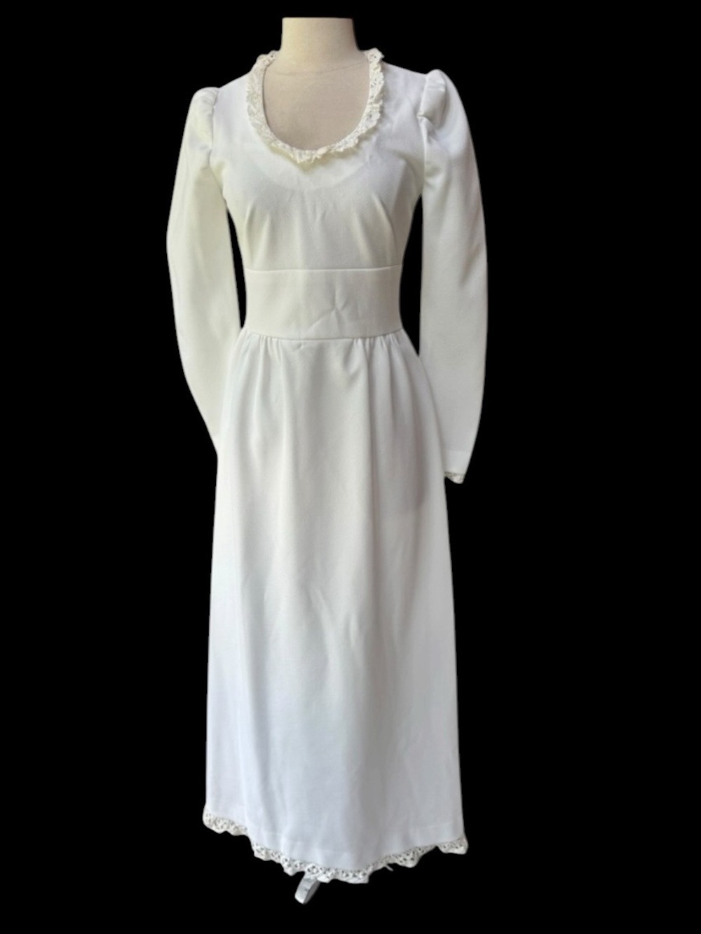 1970s‎ Poly Knit Trimmed w/Cotton Crochet Trim & Back Tie Wedding Dress